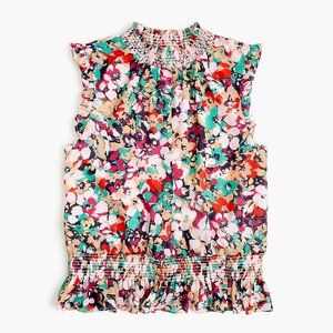 Sleeveless mockneck smocked top in splatter floral